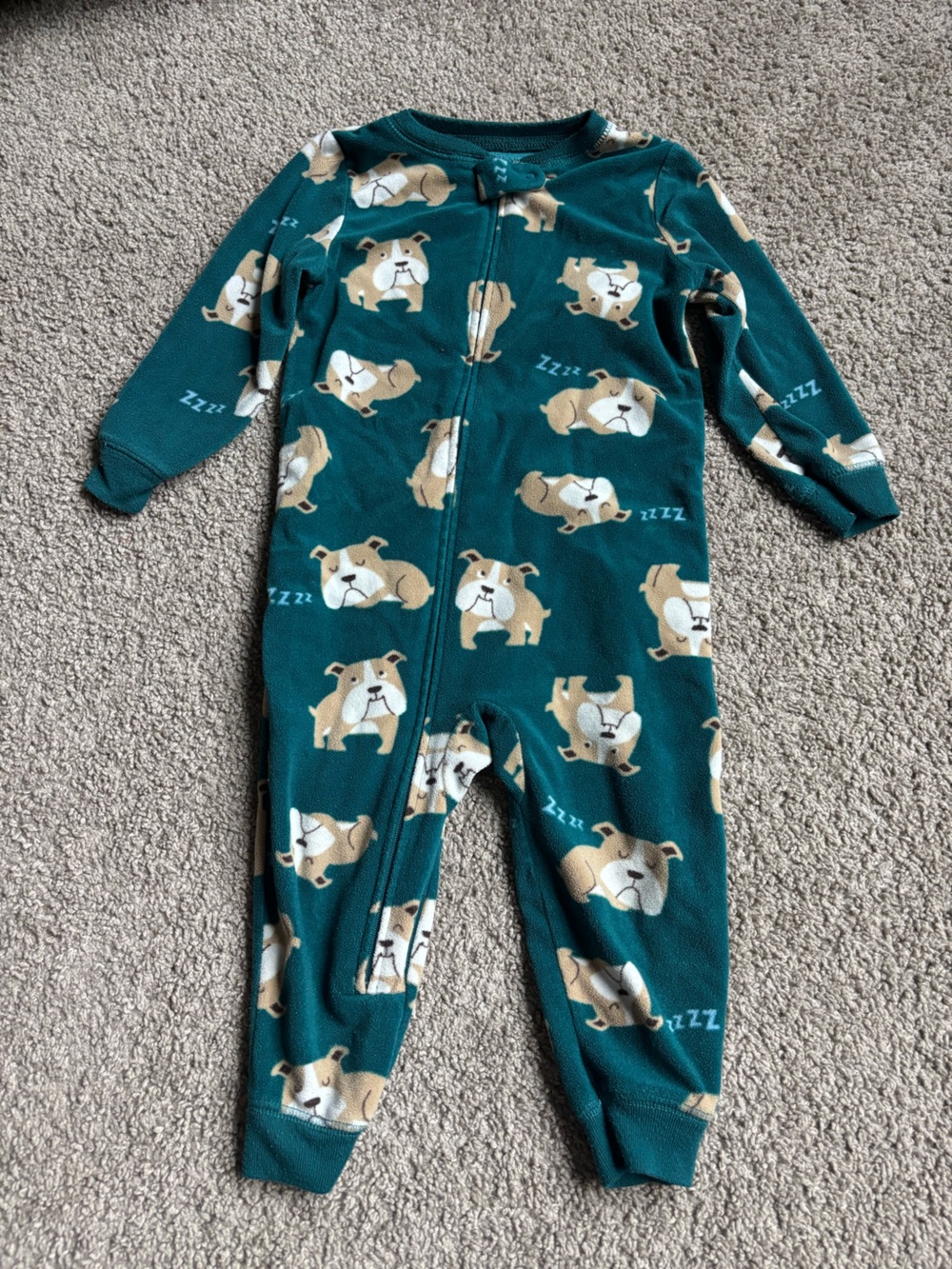 2T Teal Kids' One-Piece Zip Fleece Pajama with Sleeping Bulldog Print